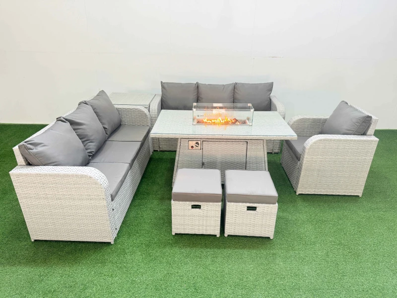Image of Fimous 9 Seater Poly Rattan Outdoor Garden Furniture Firepit Dining Table Sofa Set Patio 3 Seater Sofa Reclining Chair 3 Seater Sofa Stools Side Table