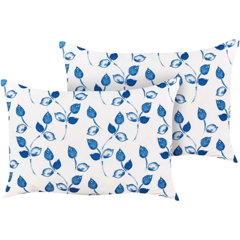 Image of Beliani Set Of 2 Outdoor Cushions Torbora Plant Pattern 40 X 60 Cm White Blue