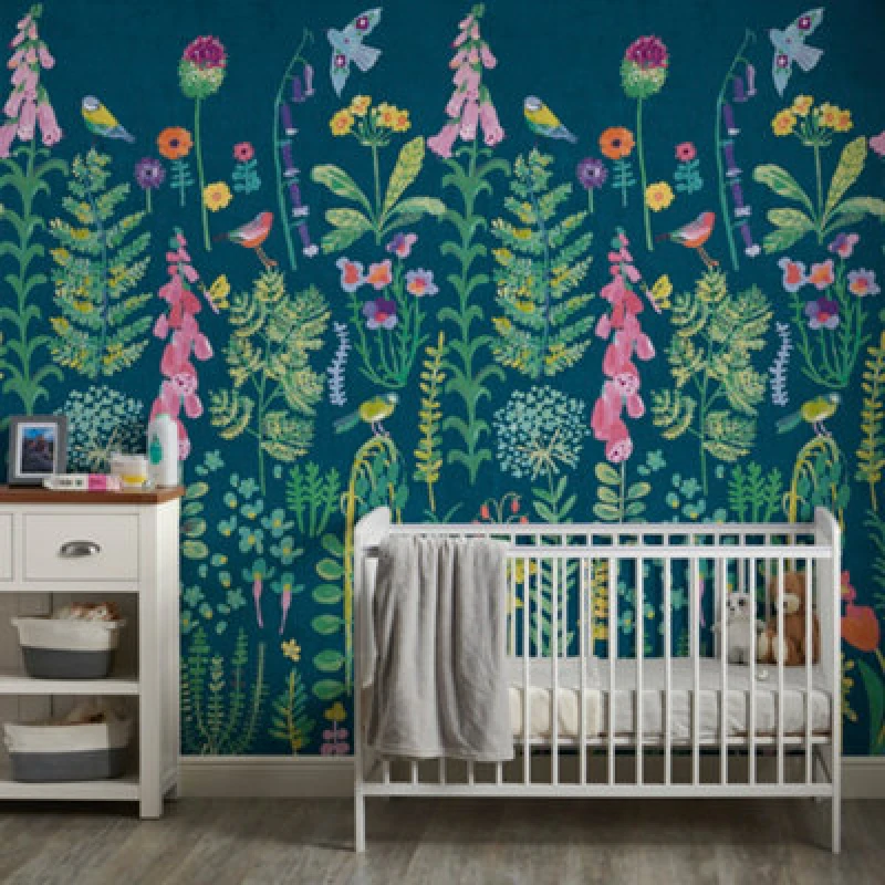 Image of Grandeco Spring Meadow Flower Painted Sprig 3 Panel Repeatable Wallpaper Mural, 1.59 X 2.8M, Dark Teal