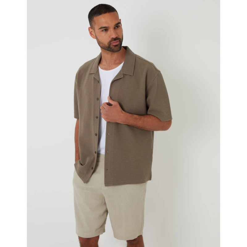 Image of Threadbare Mens Embley Short-Sleeve Patterned Shirt Khaki male Medium