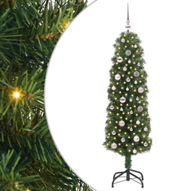 Image of vidaXL Artificial Christmas Tree with 150 LEDs, Pink Balls with Stand Green 150 x 43 cm, Green 3394932