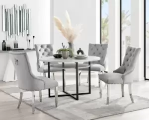 image of Adley Grey Concrete Effect Round Dining Table & 4 Grey Belgravia Velvet Chairs