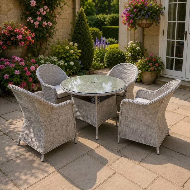 Image of Shatchi Sorrento 4-Seater Rattan Dining Round Garden Table & Chairs Aluminium Outdoor Furniture Set in Natural Natural Unisex