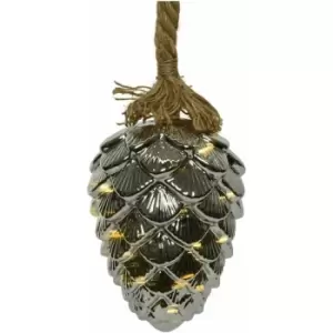 Image of Xmas 15 W White Micro LED Spigot Gold 15cm Pine Cone Smoked Glass Bauble & rope