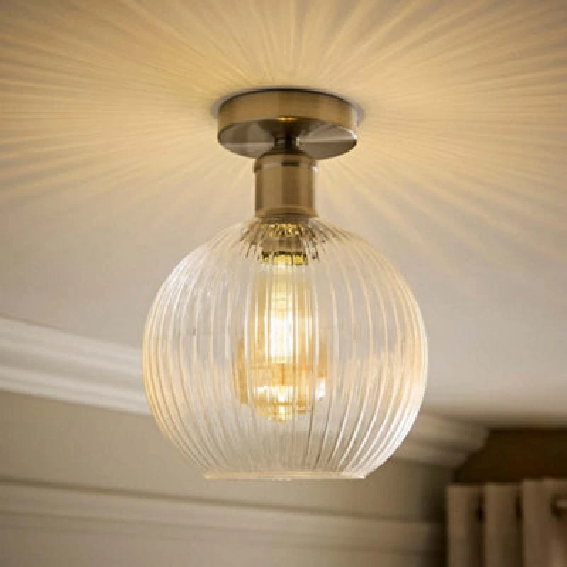 Image of Valuelights Maddison Clear Rib Glass Brushed Chrome Flush Ceiling Light & Filament Bulb