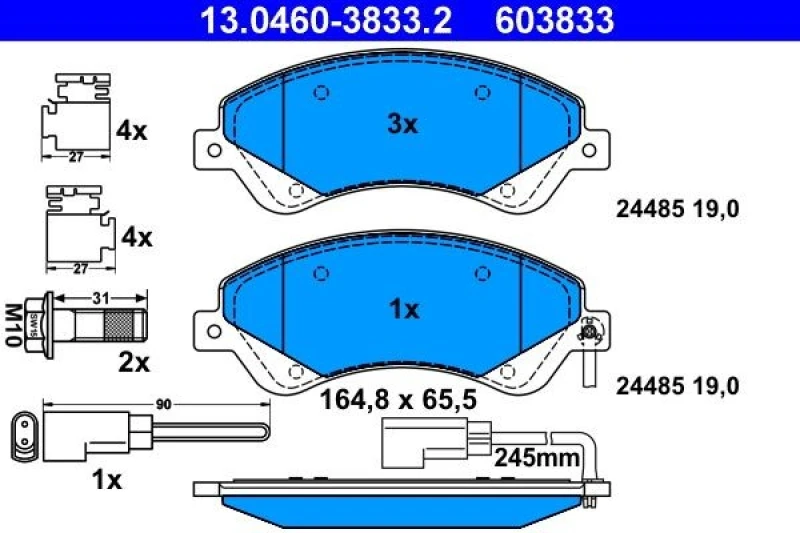 Image of ATE 13.0460-3833.2 Brake pad set incl. wear warning contact, with accessories, with brake caliper screws Brake Pad Set,disc brake (402)