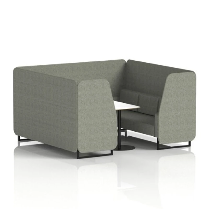 Image of Brixworth 6 Seater Office Booth with Front Panel - Black Legs and White Table with Black Leg in Rivet Fabric - Vitreous Panels and Sofa