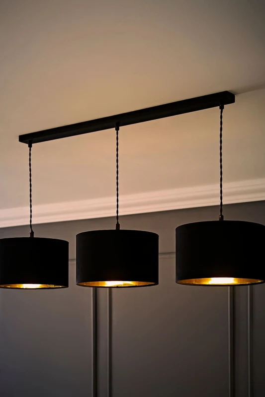 Image of ValueLights ValueLights Reni Black Velvet & Gold Shade 3 Drop Bar Black Diner Ceiling Light with Bulbs Black One Size Unisex 5059406064043