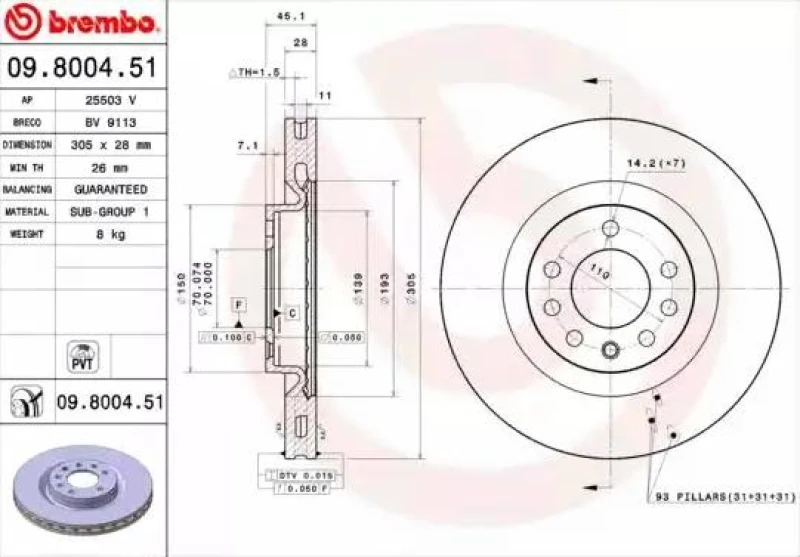 Image of BREMBO 09.8004.51 Brake disc internally vented, Coated Brake Disc (82)