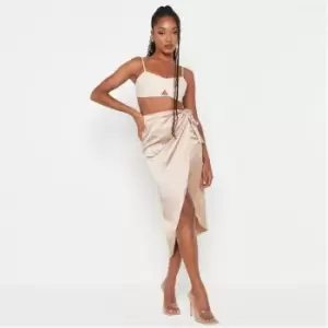 Missguided Wrap Tie Front Satin Midi Skirt - Gold