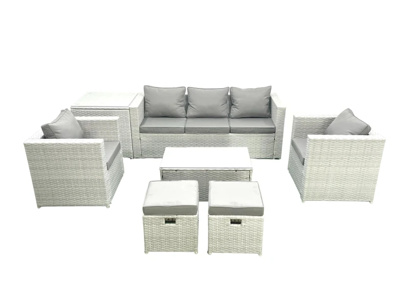 Image of Fimous 7 Seater Rattan Garden Furniture Set with 3 Seater Sofa 2 Chair Rectangular Coffee Table 2 Small Footstools Side Table Light Grey Mixed Light G