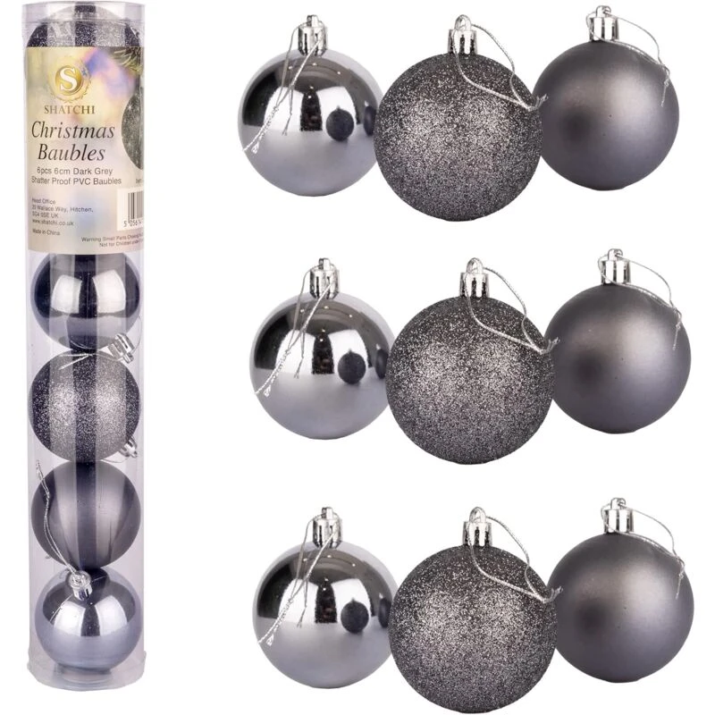 Image of Shatchi 60mm/6Pcs Christmas Baubles Shatterproof Dark Grey,Tree Decorations Dark Grey