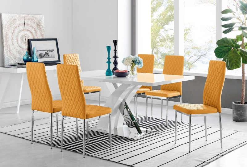 Image of FurnitureboxUK FurnitureboxUK Atlanta Modern Rectangle Chrome Metal High Gloss White Dining Table And 6 Milan Chairs Set in Mustard Mustard One Size U
