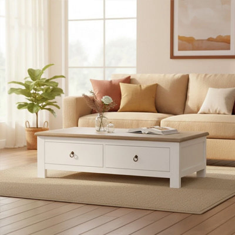 Image of Orsina 2 Drawer Coffee Table With White Beech Wood Cabinet,rectangular Table,storage Table With Metal Handles