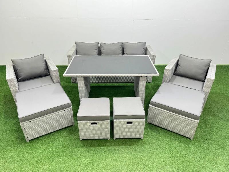 Image of Fimous Patio Garden Furniture Set with Black Glass Top Dining Table Armchair in Light Grey Light Grey Unisex