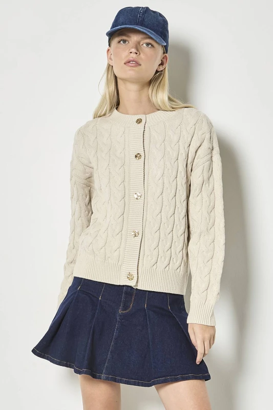 Image of Apricot Womens Cable Knit Button-Down Cardigan in Stone Size: 10 Stone Female 10