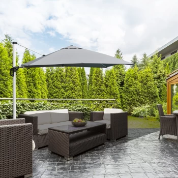 Image of Outsunny 3 x 3(m) Cantilever Roma Parasol Garden Sun Umbrella Canopy Sun Shade Aluminium 360° Rotating & Cross Base, Light Grey Outdoor