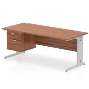 image of Impulse 1800 Rectangle Silver Cable Managed Leg Desk WALNUT 1 x 2 Drawer Fixed Ped