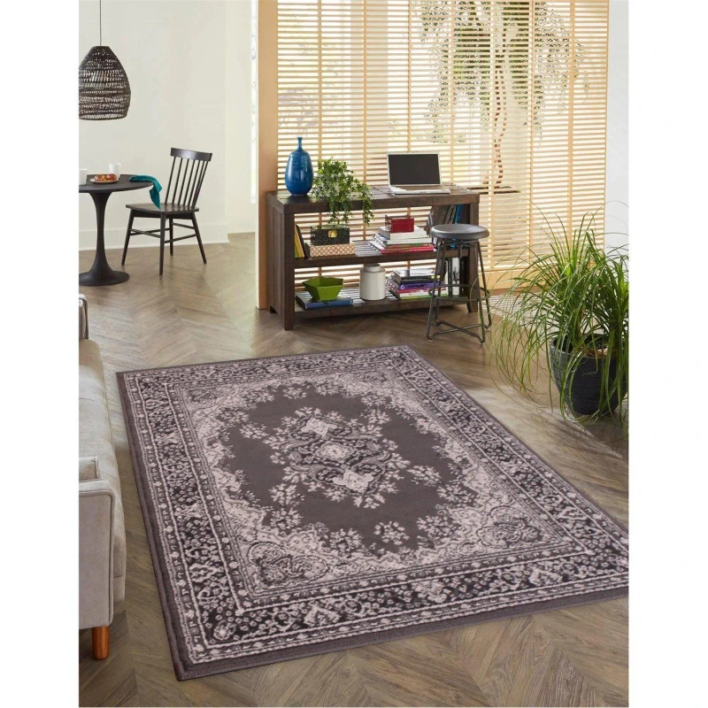 Image of LORD OF RUGS Traditional Poly Lancashire Oriental Rug Dark Grey Medium Carpet 120 x 160cm (4'x5'3') LNC037