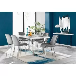 Image of Furniture Box Kylo White High Gloss Dining Table and 6 Grey Pesaro Silver Chairs