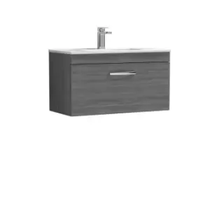 image of Nuie Athena 800 Wall Hung Single Drawer Vanity & Minimalist Basin - Grey Woodgrain