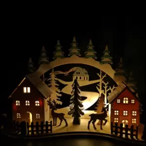 image of 19cm Battery Operated Light up Warm White Christmas Winter Wooden Village Scene with Reindeer