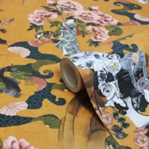 Image of Geisha Floral Digitally Printed Wallpaper Ochre