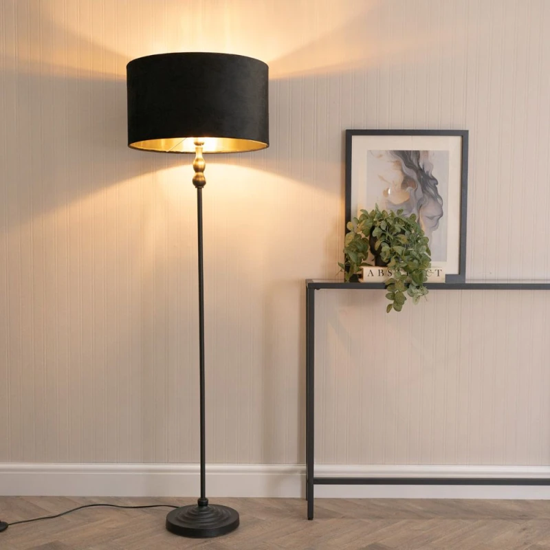 Image of ValueLights ValueLights Maggie Black Candlestick Floor Lamp with Black Velvet with Gold Inner Lamp Shade Black One Size Unisex 5059406061509
