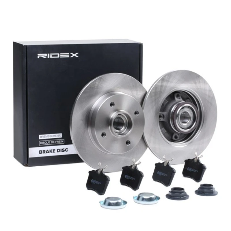 Image of RIDEX 3405B1189 Brake disc and pads set Rear Axle, Brake Disc Type: Solid, without integrated wear sensor Brake Set,disc brakes (3405)