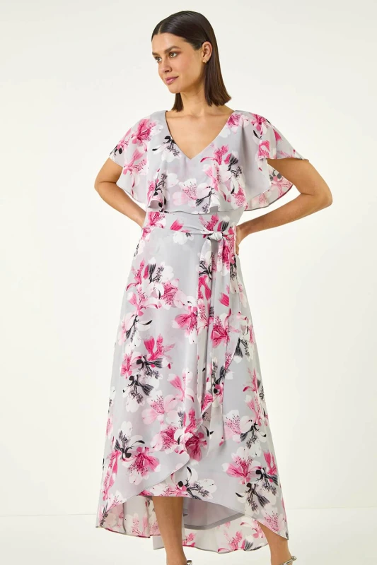 Image of Roman Womens Floral Frill Belted Wrap Dress in Grey Size: 14 Grey Female 14