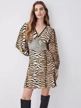 Karen Millen Animal Print Mixed Plunge Neck Woven Mini Dress - Multi, Size 10, Women