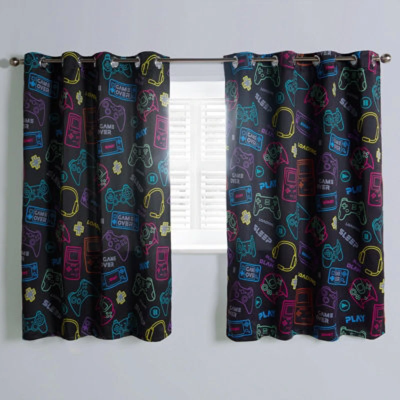 Image of OHS OHS Gaming Eyelet Curtains Pair of Blackout Woven Ring Top Panels Ready Made Kids Size: 117cm width x 137cm drop Black 117cm width x 137cm drop