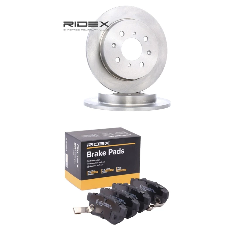 Image of RIDEX 3405B2448 Brake disc and pads set Rear Axle, Brake Disc Type: Solid, with acoustic wear warning Brake Set,disc brakes (3405)