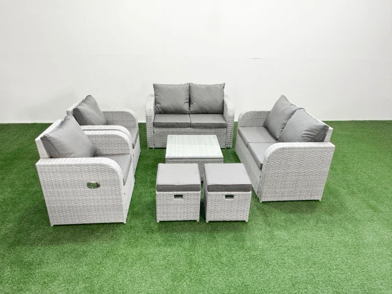 Image of Fimous 8 Seater Outdoor Reclining Chair Love Sofa Set Rattan Garden Furniture Set with Square Coffee Table 2 Stools Light Grey Light Grey