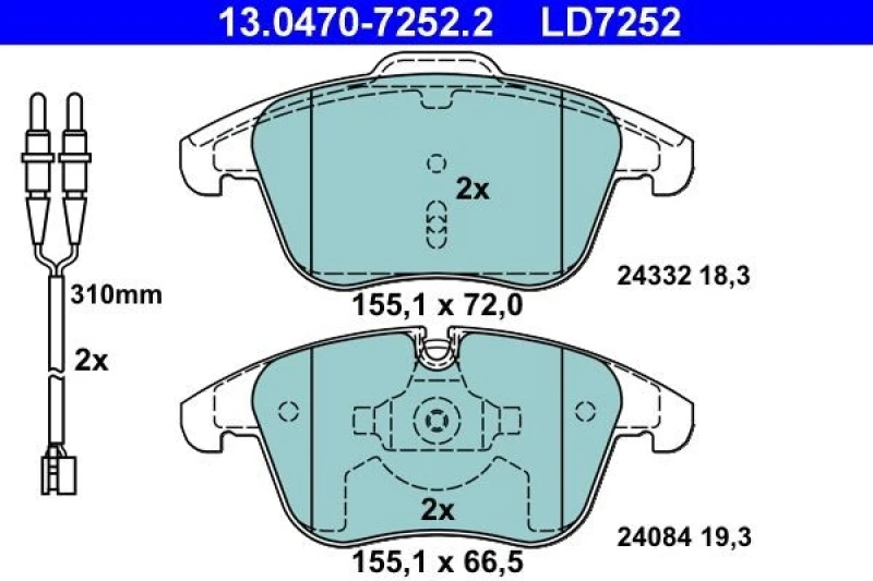 Image of ATE 13.0470-7252.2 Brake pad set incl. wear warning contact Brake Pad Set,disc brake (402)