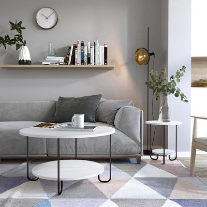 Image of FWStyle Scratch Resistant 2 Tier Coffee Table Painted White Black Metal Frame White
