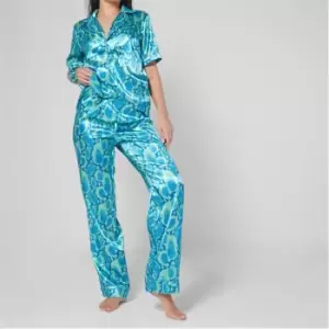 image of Missguided Snake Print Satin 3 Piece Pyjama Set - Green