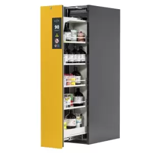 image of asecos Type 90 fire resistant vertical pull-out cabinet, 1 drawer, 4 tray shelves, grey/yellow