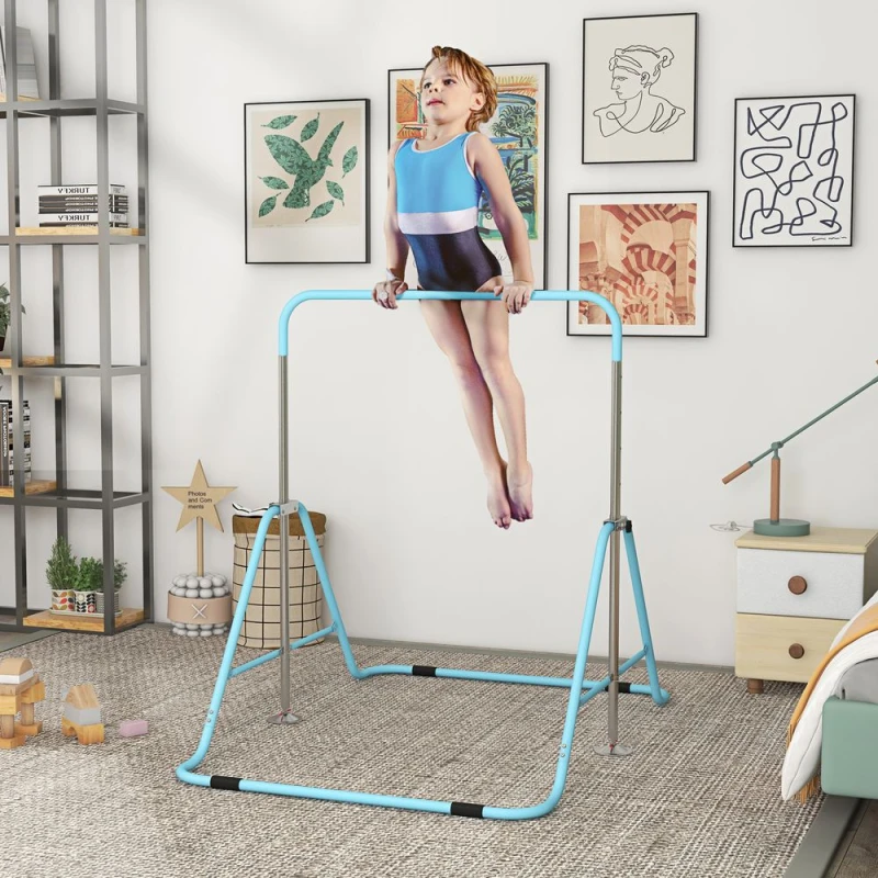 Image of HOMCOM Kids Gymnastic Bar w/ Adjustable Height, Foldable Training Bar - Blue, Green 340-005V01GN