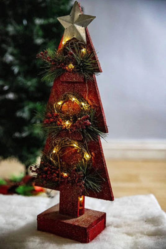 Image of Shatchi Christmas Home Decoration Battery Operated Red Tree Tabletop Decorated with Berries, Pines and Small Warm White Bulbs Red