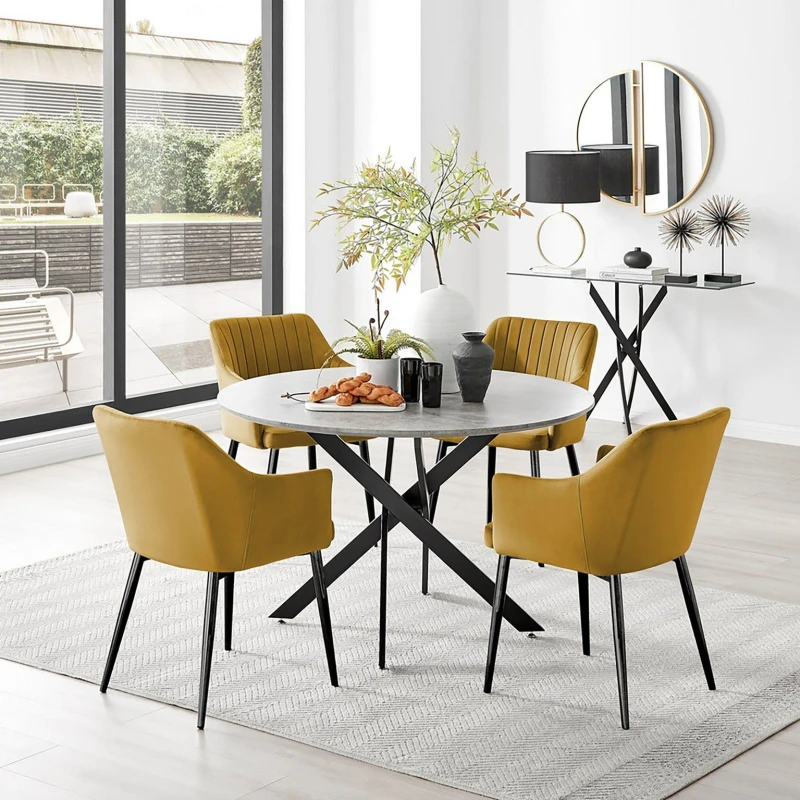 Image of FurnitureboxUK FurnitureboxUK Novara Grey Concrete Effect Black Leg 120cm Round Dining Table & 4 Calla Black Leg Chairs in Mustard Mustard One Size Un