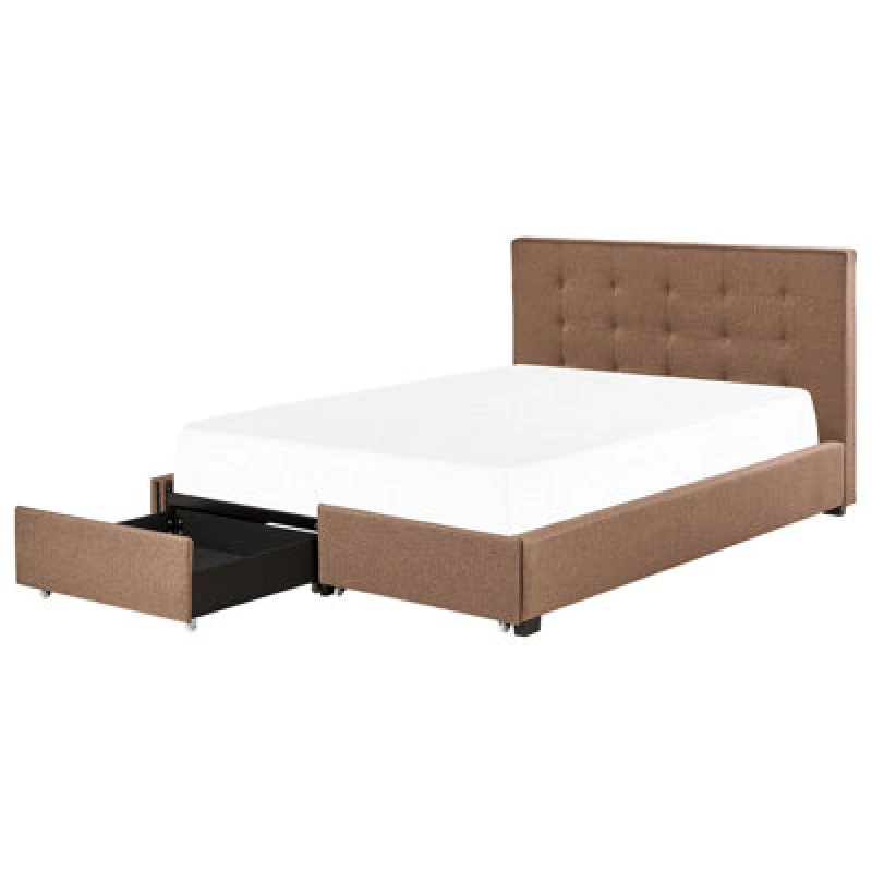 Image of Beliani Bed With Storage Drawers Fabric La Rochelle 180 X 200 Cm (Eu Super King) Brown