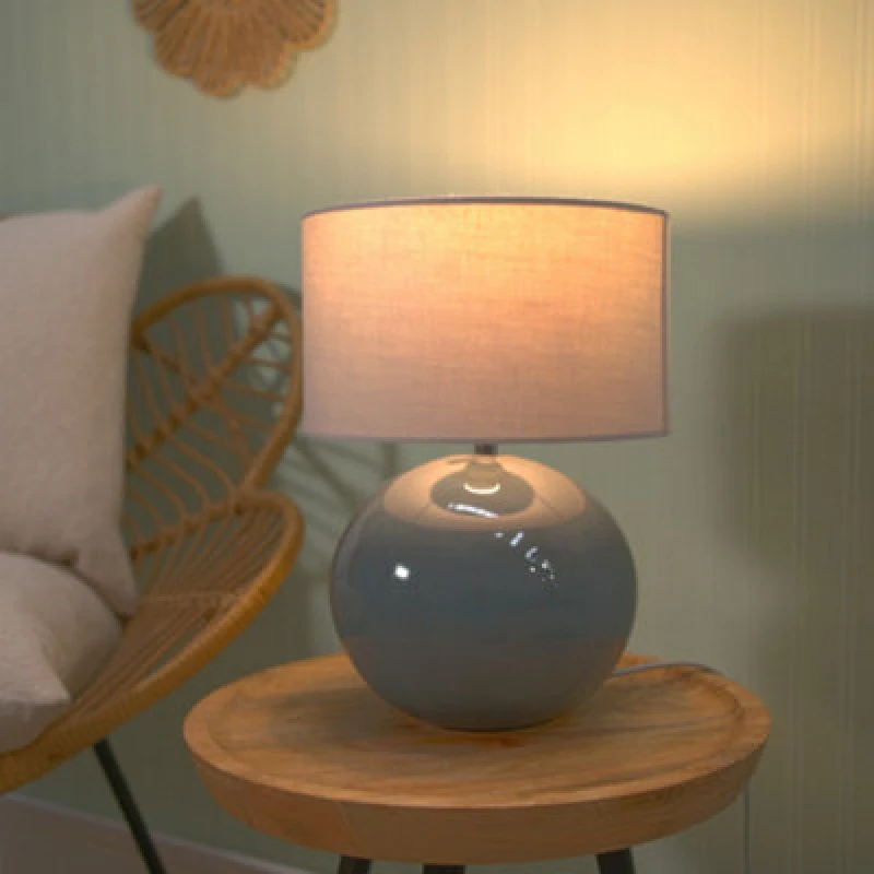 Image of ValueLights Bosco Eucalyptus Teal Globe Ceramic Table Lamp with Fabric Lamp Shade Grey unisex