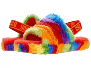 image of UGG Kids Fluff Yeah Cali Collage Slide Slippers - Rainbow Stripe - UK 13 Kids