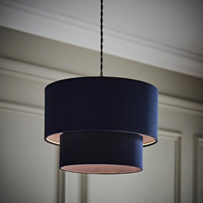 Image of ValueLights ValueLights Jodie Linen Two Tier Easy Fit Drum Ceiling Pendant Light Lamp Shade in Navy Navy One Size Unisex 5016529273561