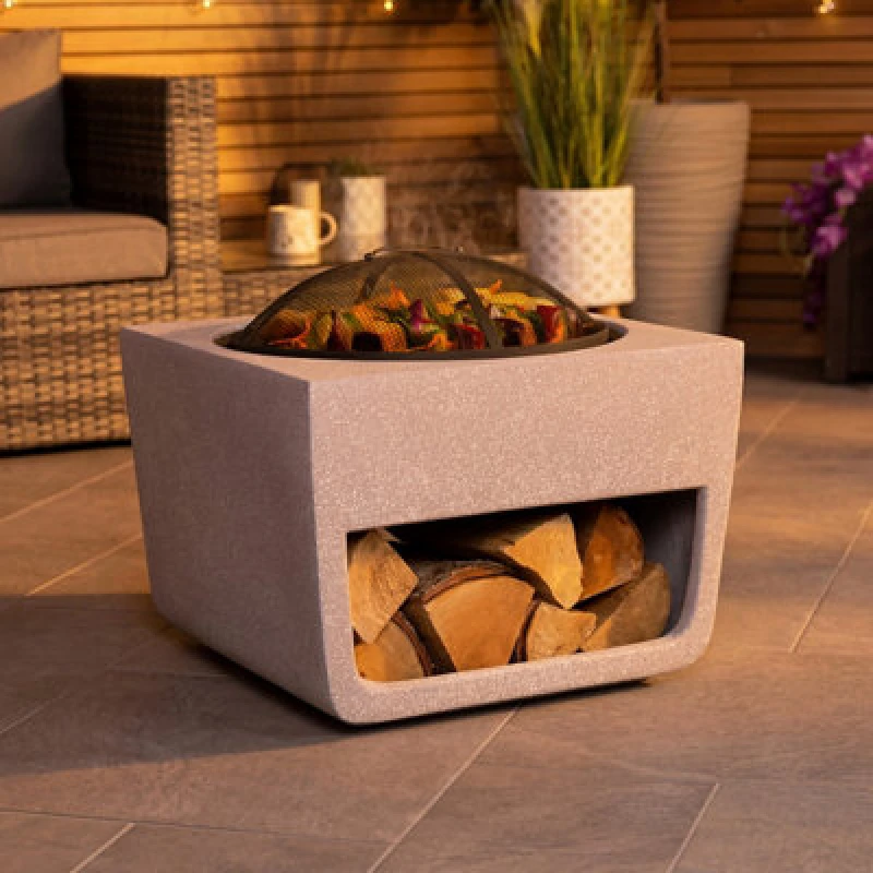 Image of Charles Bentley 52cm Square Magnesia Fire Pit with Mesh Cover - Grey Grey One Size
