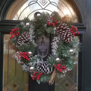 Image of The Tree Company 40cm Festive Silver Dressed Christmas Wreath With Pinecones and Red Berries