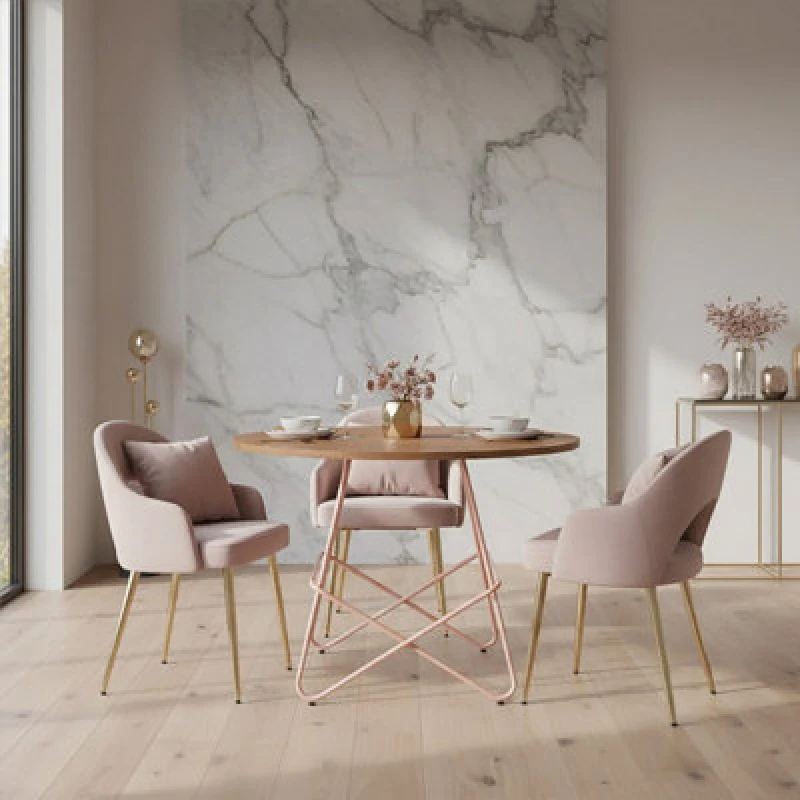 Image of Premier Housewares Metal and Elm Wood Round Table, Versatile Coffee Table for Home and Office, Round Outdoor Dining Table Pink