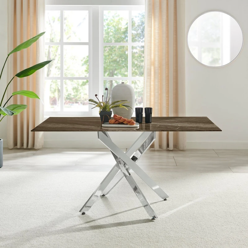 Image of FurnitureboxUK FurnitureboxUK Leonardo 6-Seater Dining Table With Marble Effect Glass Top And Silver Metal Legs in Dark Brown Dark Brown One Size Unis