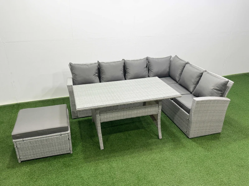 Image of Fimous Rattan Garden Furniture Set Outdoor 7 Seater Patio Dining Corner Sofa in Light Grey Light Grey Unisex